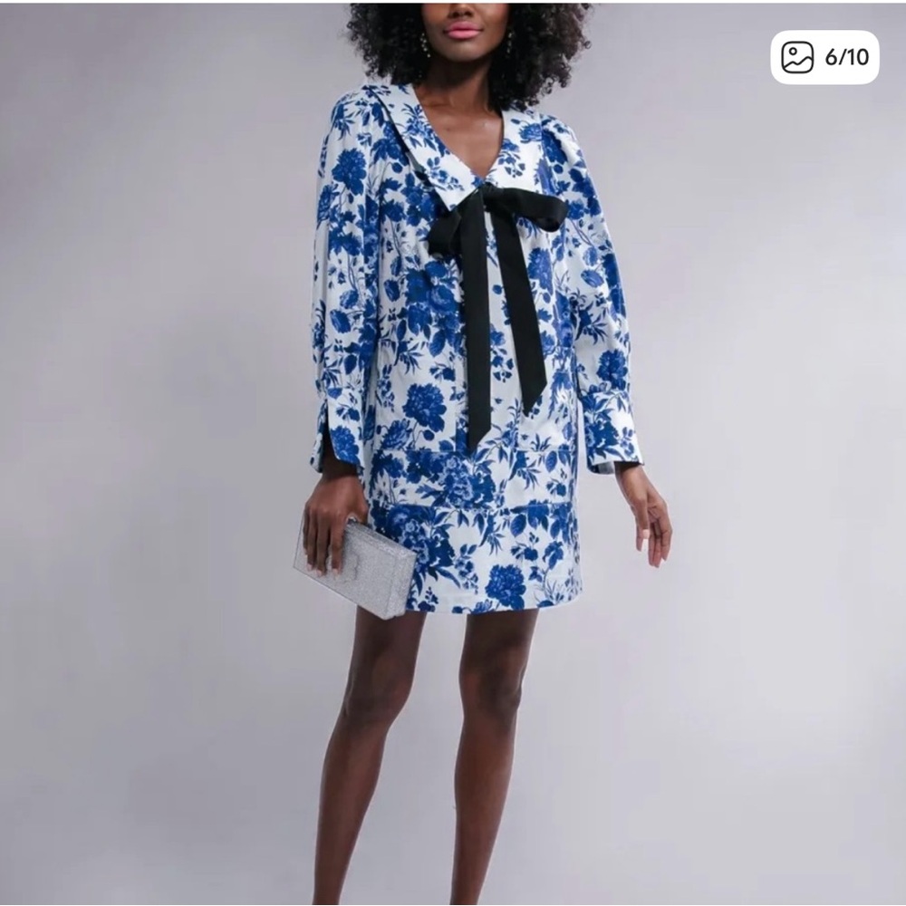 Tuckernuck Blue and White Floral Mini Dress with Black Bow